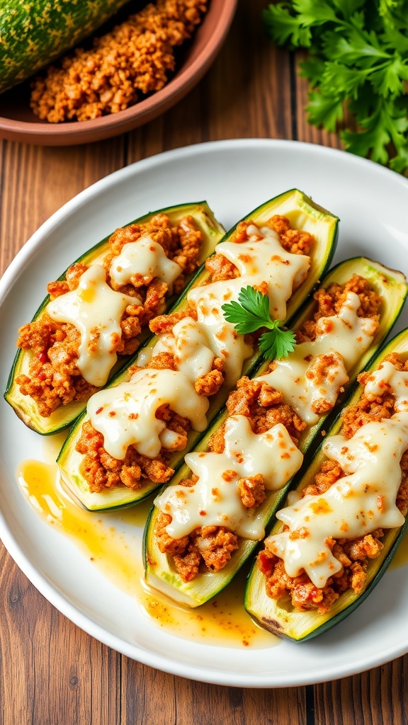 Stuffed zucchini boats with ground meat and cheese, garnished with parsley on a rustic table.